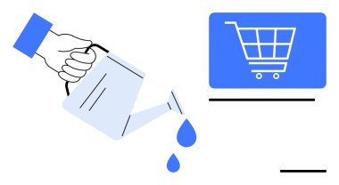 El ele tutuşan su, e-ticaret alışveriş arabasına su döker. Büyüme, pazarlama, ticaret, strateji, yatırım, yenilik, başarı için ideal, düz basit metafor