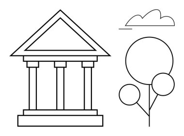 Klasik sütun binası, üçgen çatı, basit ağaç ve bulut tasarımı. Mimarlık, eğitim, tarih, çevre, basitlik, soyut konut düz yapı için ideal