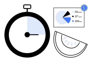 Zamanlayıcı zaman verimliliğini vurgular, pasta grafiği analitik taşır, meyve dilimi kaynak dağılımını temsil eder. Üretkenlik, analiz, finans, planlama, zaman izleme, verimlilik için ideal