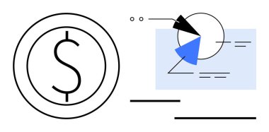 Geometrik pasta grafiği elemanları ve veri görselleştirme planının yanında dolar sembolü, finansal analitiği, bütçeyi, yatırımı, ekonomiyi, iş stratejisini, karlılığı, planlamayı gösteriyor. İdeal