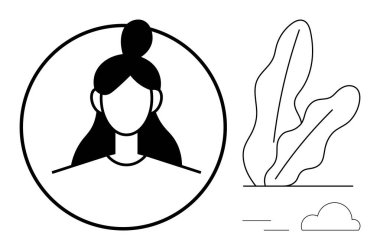 Minimalist soyut yapraklar ve bulutlarla dairesel çerçevede kadın portresi. Profil, kimlik, markalaşma, doğa, basitlik, zarafet, düz metafor için ideal