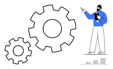 Elinde pano olan iş adamı birbirine bağlı büyük viteslere işaret ederek takım çalışmasını, süreci ve gelişimi sembolize ediyor. Üretkenlik, verimlilik, organizasyon, strateji, yönetim planlaması için ideal