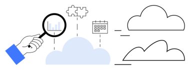 Bulut verilerini inceleyen, bulmaca parçası ve takvime bağlı büyüteçle. Veri analizi, bulut hesaplama, bütünleşme, planlama, dijital güvenlik, strateji araştırması için ideal. Düz