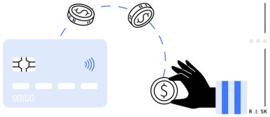 Kredi kartına temassız çip sembolü olan madeni paralar atmak, mali kararlar vermek, harcamaları ima etmek. Para yönetimi, güvenlik, finans, bankacılık, yatırım, teknoloji dairesi için ideal
