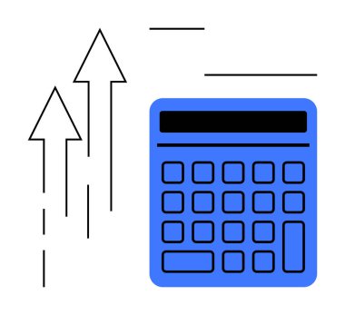 Yukarıya bakan üç okun yanında mavideki hesap makinesi büyüme, ilerleme ya da finansal başarıyı temsil ediyor. Finans, iş stratejisi, yatırım, muhasebe, performans ve eğitim için ideal