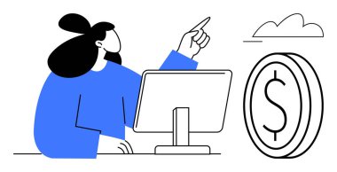 Masaüstü ekranındaki kadın büyük para ve bulutun yanına işaret ediyor. Finans, teknoloji, yenilik, yatırım, strateji, analitik ve büyüme için ideal. Düz basit metafor