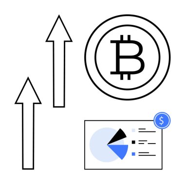 Bitcoin logosu iki yukarı doğru okla çevrili, analitik çizelge finansal verileri gösteriyor. Kripto para birimi, engelleme zinciri, yatırım, finansal büyüme, ekonomi, ticaret fintech için ideal. Temiz daire