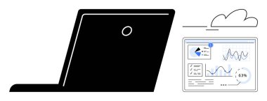 Bulut barındıran analizlere erişen dizüstü bilgisayar, grafikler ve ekrandaki elementleri rapor ediyor. Teknoloji, uzaktan çalışma, bulut hesaplama, veri analizi, iş stratejisi, üretkenlik için ideal