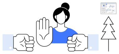 Arka planda ağaç ve çizelge, masada iki yumruğun ortasında el işaretleriyle duran bir kadın. Çatışma çözümü, arabuluculuk, müzakere, takım çalışması, sınırlar, liderlik barışı için ideal. Düz