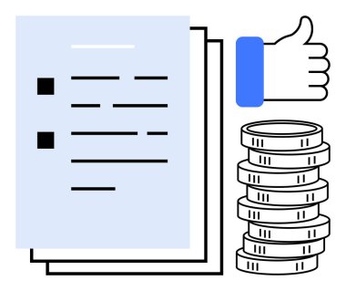 Belgeler yığını, el işareti ve istiflenmiş paralar başarı, onay ve finansal büyümeyi ima ediyor. Finans, yatırım, anlaşma, onay tasarrufu iş ilerlemesi kavramları için ideal
