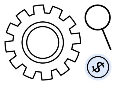 Vites, büyüteç ve dolar işareti optimizasyon, araştırma, finans ve verimliliği vurguluyor. İş, strateji, başarı analizi, kalkınma ekonomisi ve yenilik kavramları için ideal