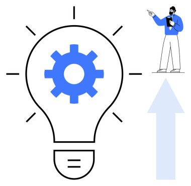 Yenilikçi bir fikir sunan bir adam ampulün içinde bir dişli ve büyümeyi gösteren bir okla. Strateji, planlama, yaratıcılık, liderlik, iş dünyası, yenilik, büyüme için idealdir. Düz basit metafor