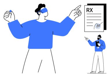 Doktor ayrıntıları açıklarken, tıbbi reçetede sanal gerçeklik gözlüğü jestleri kullanan kişi. Sağlık hizmetleri için ideal, sanal gerçeklik, teletıp, iletişim, yenilik, teknoloji, düz basit