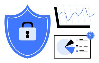 Kalkandaki kilit siber güvenliği ön plana çıkarıyor. Çizgi grafiği ve finansal analizler için pasta grafiğiyle eşleştirilmiş. Güvenlik, finans, veri koruması, büyüme, risk yönetimi, kurumsal strateji dairesi için ideal