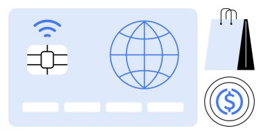 Fişi, kablosuz sinyali, küresi, alışveriş çantaları ve parası olan dijital ödeme kartı. Finans, e-ticaret, çevrimiçi bankacılık, küresel işlemler, teknoloji perakende satışı için ideal basit bir metafor