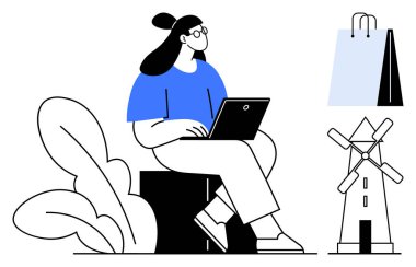 Küpte dizüstü bilgisayarı olan bir kadın. Etrafı bitkilerle, yel değirmeniyle, alışveriş çantasıyla çevrili. Uzaktan çalışma, e-ticaret, sürdürülebilirlik, verimlilik alışverişi minimalizm yaşam tarzı için ideal. Düz basit