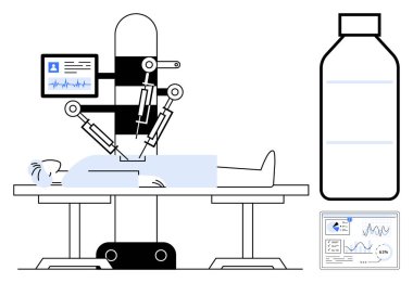 Robotik ameliyat sistemi altında ameliyat masasında yatan hasta, hayati organlara bağlı monitör, büyük ilaç şişesi. Sağlık, yenilik, ameliyat, robot bilimi, tıp, gelecek için ideal