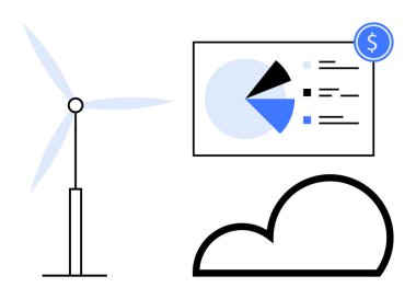 Analiz çizelgesinin yanında bulut ve dolar işareti olan rüzgar türbini. Enerji, sürdürülebilirlik, analitik, finans, teknoloji, yenilik, yenilenebilir çözümler için idealdir. Asgari düz metafor