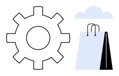 Bulutun altında minimal alışveriş torbası ile birlikte vites sembolü e-ticaret, işlemler, perakende satış, lojistik, yenilik, takım çalışması ve bulut tabanlı çözümleri düz basit metaforda gösteriyor