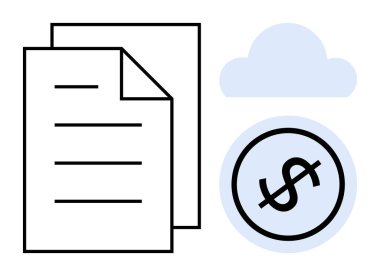Belge sayfaları, bulut sembolü ve dolar para çevrimiçi depolama, mali yönetim ve dijital iş akışlarını temsil eder. Bulut hizmetleri, finans, uzaktan çalışma, minimalizm otomasyonu için ideal dijital