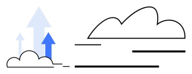 Buluttan çıkan oklar, dinamik bir bulut anahatının yanında yukarı doğru momentum ve gelişimi gösteriyor. Teknoloji, başarı, yenilik, veri, büyüme, strateji ve ilerleme gibi konular için ideal