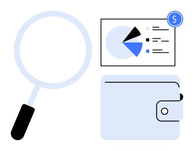 Büyüteç, pasta grafiği ve finansal ikonla cüzdan ve veri grafiği inceliyor. Finans, bütçe, tasarruf, ekonomi, analitik, planlama, yatırım için ideal. Düz basit metafor