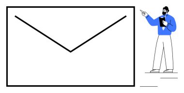 Elinde büyük boy zarfı gösteren bir defter tutan kişi e-posta sistemleri, mesajlar, iletişim. İş, pazarlama, takım çalışması, dijital araçlar, organizasyon öğrenme dairesi için ideal