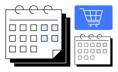 Vurgulanmış tarihli takvim sayfaları ve e-ticaret programını destekleyen alışveriş arabası simgesi. Planlama, e-ticaret, pazarlama, organizasyon, çevrimiçi etkinlikler, perakende satış ve hatırlatmalar için ideal. Düz basit