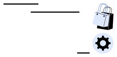 Mavi saplı alışveriş torbaları ve siyah vitesler beyaz arka plan siyah çizgilere karşı minimalist bir tasarım yaratıyor. Dış ticaret, iş akışı, satın alma, organizasyon ve teknoloji için ideal