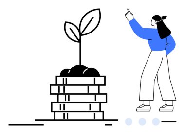 Kadın, madeni büyümeyi, yatırımı, sürdürülebilirliği, zenginliği, kalkınmayı sembolize eden madeni paraların üzerinde filizlenen bitkilere işaret ediyor. Ekonomi, tasarruf, ekoloji ve finansman büyümesi için ideal