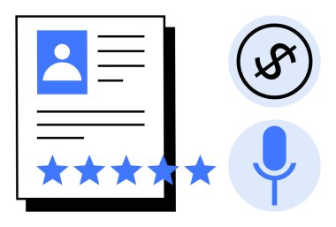 Profil fotoğrafı ve metin içeren belgeler, beş yıldızlı derecelendirme, dolar çemberi, mikrofon simgesi. Geri bildirim, değerlendirme, değerlendirmeler, maaş iletişimi kullanıcı değerlendirmesi profesyonelliği için idealdir. Düz basit