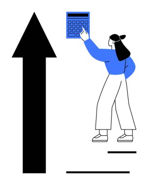 Kadının hesap makinesiyle tepeye doğru bakan, mali ilerlemeyi, muhasebeyi ya da iş stratejisini temsil eden büyük bir ok yakınında etkileşime girmesi. Yatırım, büyüme, eğitim, planlama, analiz için ideal