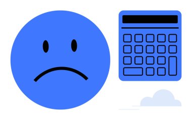 Hesap makinesiyle eşleşen üzgün yüz maddi sıkıntılar, bütçe sorunları, harcamalar veya kayıplar ile iletişim kurar. Maliye, muhasebe, borç, ödenebilirlik, ekonomik strateji duygusal etki için ideal