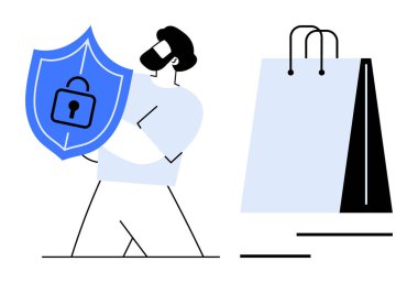 Alışveriş çantasının yanında kilit sembolü olan kalkanı tutan adam güvenliğe odaklanıyor. E-ticaret, siber güvenlik, ödeme güvenliği, mahremiyet, dijital güven, veri koruması için ideal