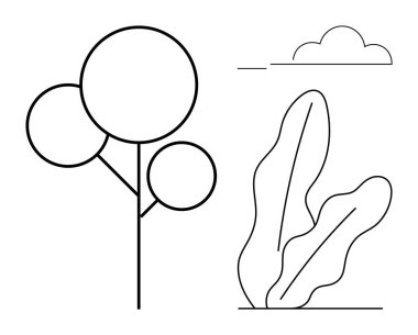 Dairesel yaprakları olan basit bir ağaç, soyut yapraklar ve tek bir bulut. Doğa, minimalizm, ekoloji, çevre, açık hava aktiviteleri, tasarım estetiği ve sakinlik için ideal