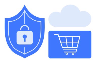 Kilitli mavi kalkan, alışveriş arabası ikonu ve bulut çevrimiçi güvenlik, bulut depolama ve e-ticaret güvenliğini temsil ediyor. Siber güvenlik, e-ticaret, bulut güvenliği, veri güvenliği dijital için ideal
