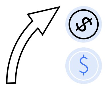 Yuvarlak dolar simgelerini gösteren yukarı doğru ok kar büyümesini, başarıyı, para biriminin değer artışını gösteriyor. Finans, başarı, iş, kâr, yatırım, tasarruf ekonomisi büyümesi için ideal