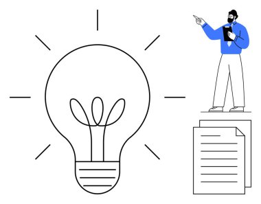Ampul, mavi elbiseli bir adamın açıklamasını ve işaret etmesini sembolize ediyor. Aşağıdaki kağıt yığınında sunum veya planlama vurgulanıyor. Yenilik, liderlik, yaratıcılık, strateji ve eğitim için ideal