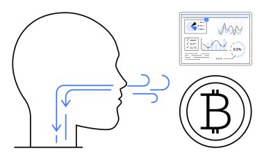 İnsan solunum sistemindeki hava akışının diyagramı, finansal performans gösterge paneli, kripto para birimi Bitcoin logosu. Sağlık, finans, teknoloji, yenilik, kripto para birimi, veri analizi için ideal