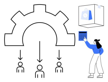 İş akışı dağılımını temsil eden vites, hesap makinesi kullanan kişi, alışveriş çantası. Takım çalışması, e-ticaret, otomasyon, delegasyon, verimlilik planlama operasyonları için ideal. Düz basit metafor
