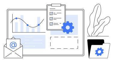 Çizelgeleri, görev listesi, e-posta, dişli simgesi ve klasörü olan analiz panosu. Üretkenlik, proje planlaması, iş akışı optimizasyonu, veri izleme işi analitik iletişim dairesi için ideal