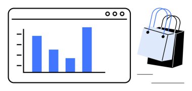 Üç alışveriş çantasının yanındaki web tarayıcı penceresinde mavi çizgili çubuk grafiği. Perakende satış, e-ticaret performansı, piyasa analizi, iş büyümesi, çevrimiçi alışveriş, mali eğilimler için ideal