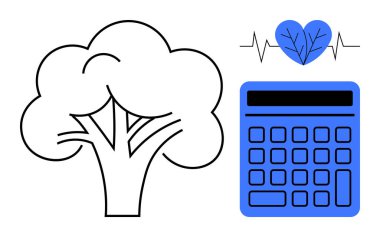 Ağaç, hesap makinesi, kalp atışı ve yaprağı olan kalp ekolojik dengeyi, sağlık takibini ve dikkatli kaynak yönetimini sembolize eder. Sürdürülebilirlik, eko-hesaplayıcılar, refah, sağlık enerjisi için ideal