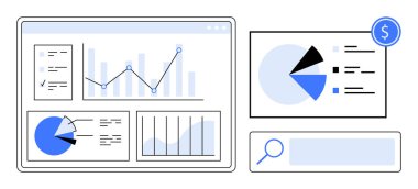 Çizgi grafiği, pasta grafikleri, bar çizelgeleri ve büyüteçle etkileşimli gösterge paneli. İş analizi, finans, veri görselleştirme, raporlama, istatistik pazarı araştırma dairesi için ideal