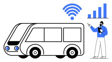 Kablosuz simge ve çubuk grafiği olan otobüs, elinde pano tutan bir adamın yanında ilerlemeyi gösteriyor. Akıllı şehirler için ideal, ulaşım, ağ, iletişim, analitik, hareketlilik, düz basit