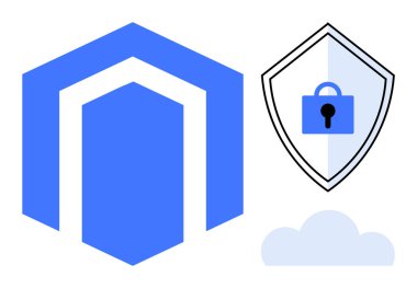 Altıgen mavi yapı, asma kilit ve bulut ile birlikte. Dijital güvenlik, bulut depolama, çevrimiçi gizlilik, veri koruması, siber güvenlik, ağ güvenliği, bilişim altyapısı için ideal