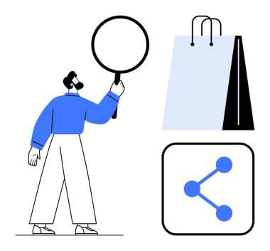 Elinde büyüteç, alışveriş torbası ve analizi, tercihleri ve işbirliğini temsil eden bir simge tutan adam. E-ticaret, tüketici davranışı, veri paylaşımı, işbirliği pazarlama arayışı için ideal