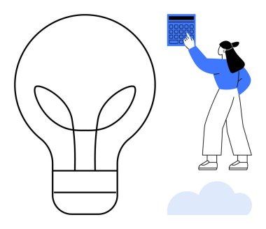Kadın hesap makinesi kullanıyor, dev ampul fikirleri ve verimliliği simgeliyor. Problem çözme, yenilik, yaratıcılık, beyin fırtınası, büyüme verimliliği hesaplamaları için idealdir. Düz basit