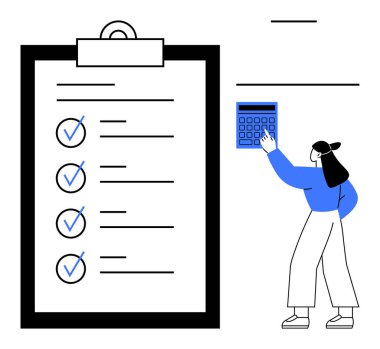 Her ögenin yanında kontrol listesi ve işaret işaretleri olan büyük bir pano, hesap makinesiyle etkileşen bir kadın. Planlama, takım çalışması, verimlilik, verimlilik, başarı, hedefler iş akışı için idealdir. Düz basit