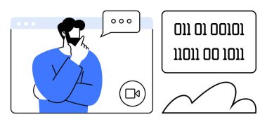 Mavi gömlekli adam ayrı panellerde online video görüşmesi, sohbet balonu ve ikili kod üzerinde kafa yoruyor. Teknoloji, uzaktan çalışma, programlama, beyin fırtınası, kodlama, problem çözme verileri için ideal